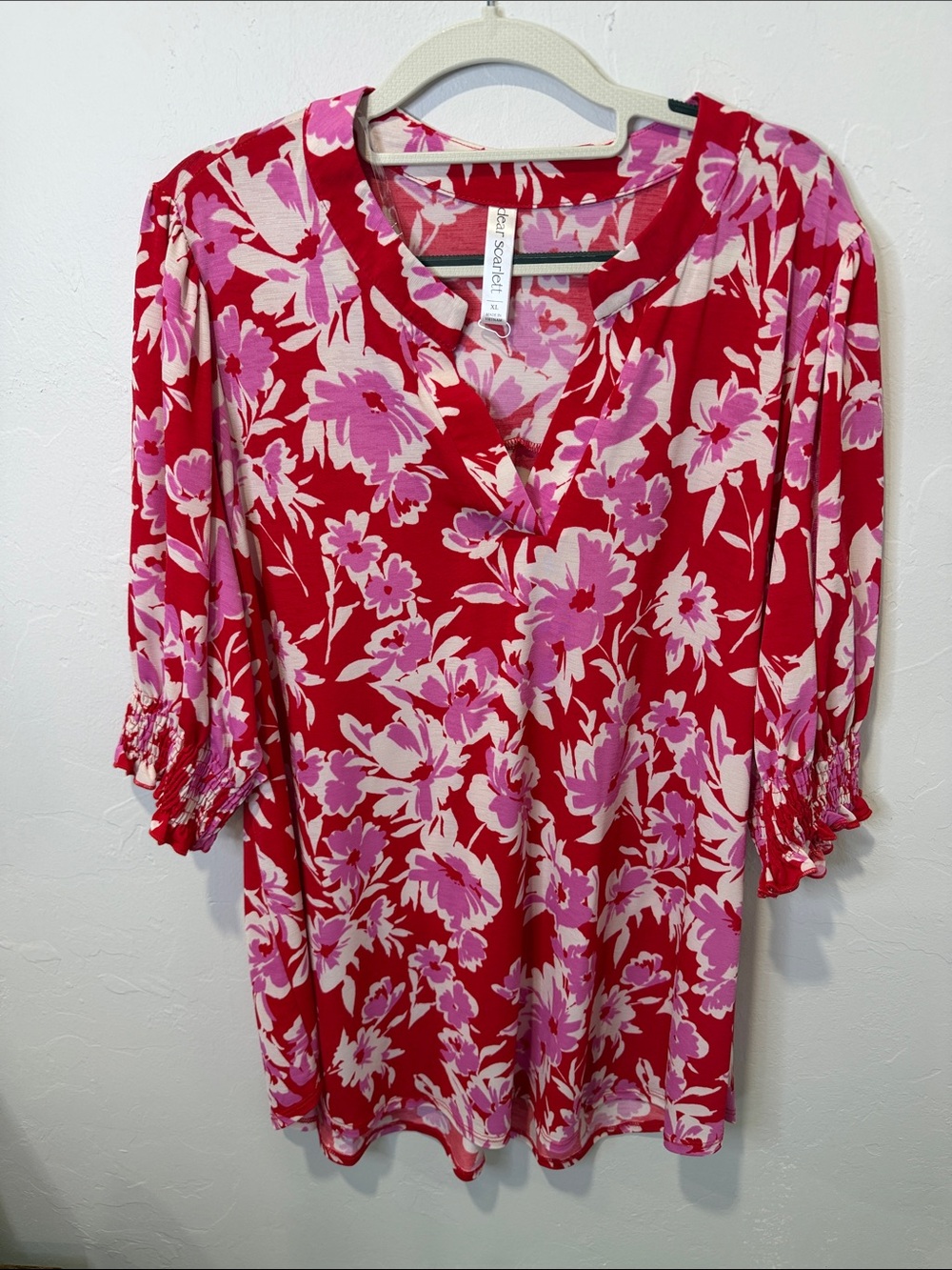 Dear Scarlett Red Floral V-Neck Tunic with Pink and Cream Blooms
